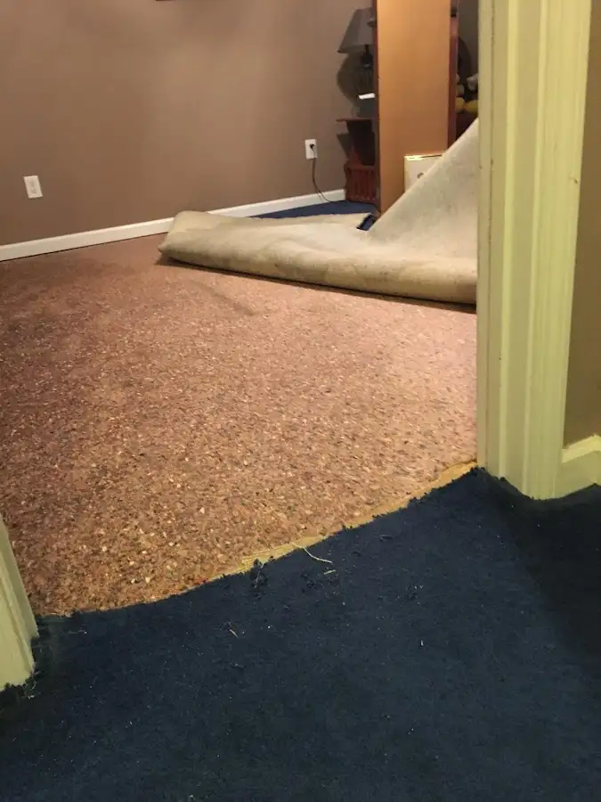 Carpet pad removal revealing water damage during Water Mitigation Services in South Londonderry