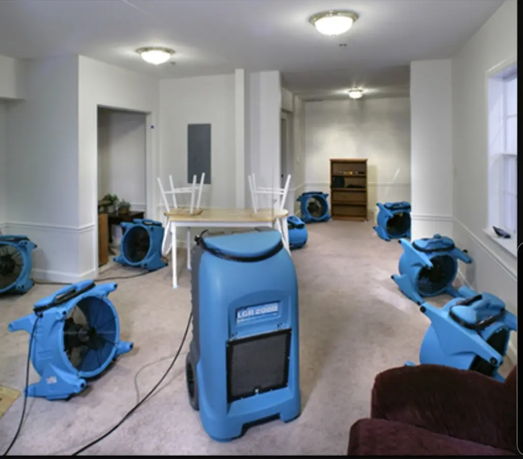 Air movers and dehumidifier setup for Water Damage Restoration in South Londonderry